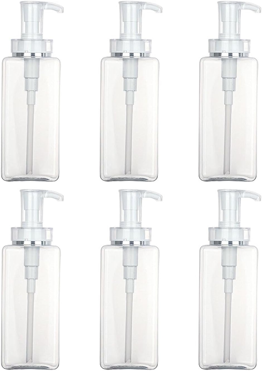 シャンプーボトル 詰め替えボトル 容器 6本セット ディスペンサー 透明ボトル 角型 ポンプヘッドキャップ( ホワイト,  300ml)｜horikku