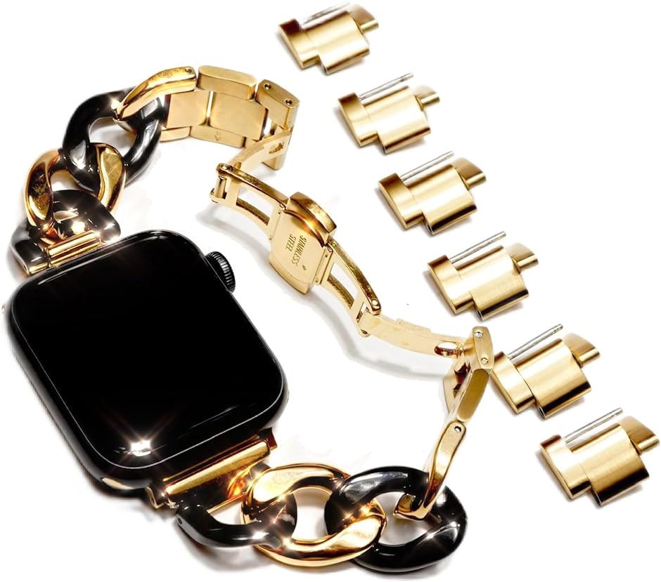 Apple Watch チェーンベルト シルバー/ステンレス コマ調整器不要( ゴールド/ブラック,  38/40/41mm)｜horikku