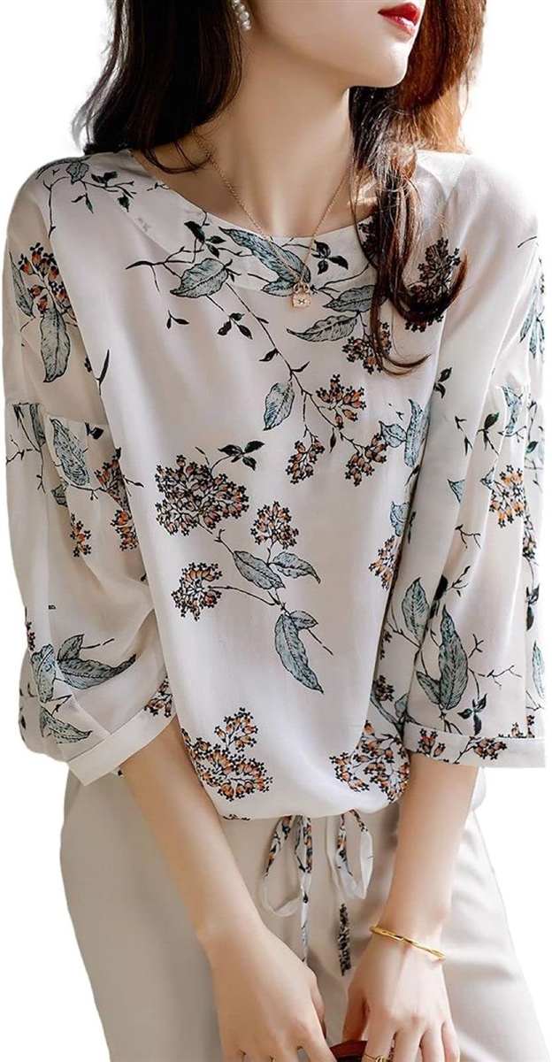 ボタニカル柄カットソー 花柄シフォン ドローストリング 透け感 7分袖 バルーンブラウス 細く見える 七部袖 配色(ホワイト,  XL)