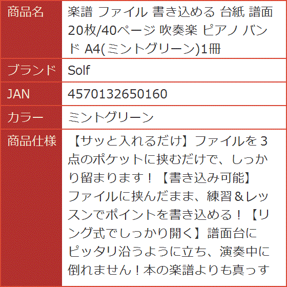 楽譜 ファイル 書き込める 台紙 譜面 20枚/40ページ 吹奏楽 ピアノ