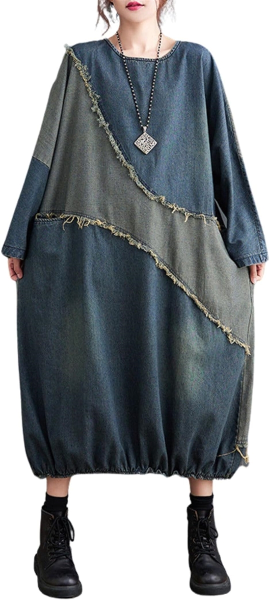 ゆったり デニム ロングワンピース かわいい 大きいサイズ カジュアル おしゃれ 韓国風 長袖( インディゴブルー,  XL)｜horikku