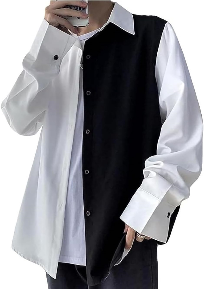 バイカラー シャツ ビジネスカジュアル ポケットなし 襟付き メンズ キレイ ストリート ツートン( バイカラーホワイト, L)