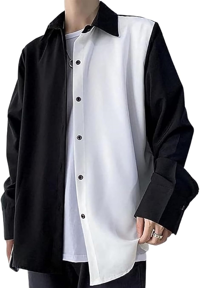 バイカラー シャツ ビジネスカジュアル ポケットなし 襟付き メンズ キレイ ストリート ツートン( バイカラーブラック, S)