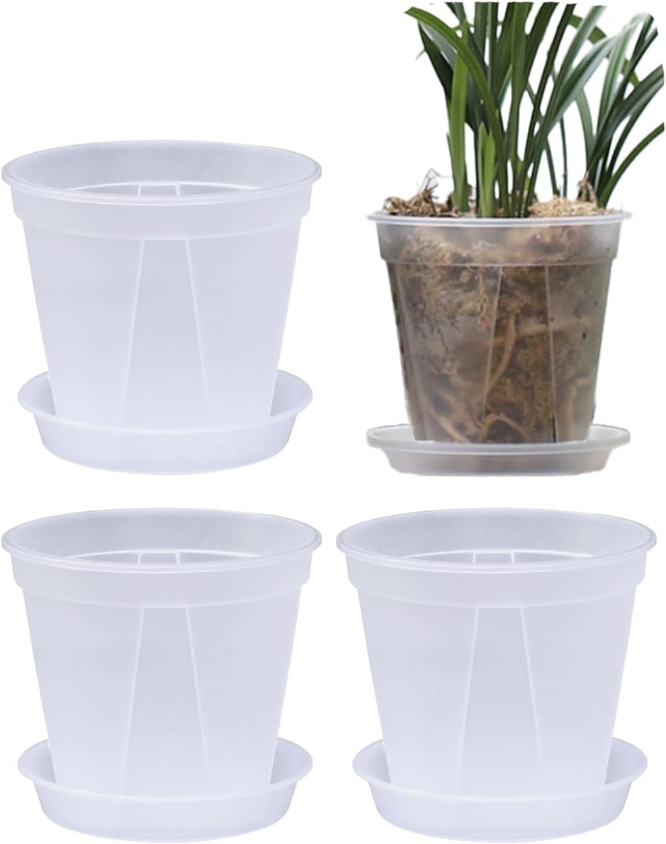 スリット鉢 透明 プラスチック 底皿付き 4個セット 観葉植物( 透明,  5号)｜horikku