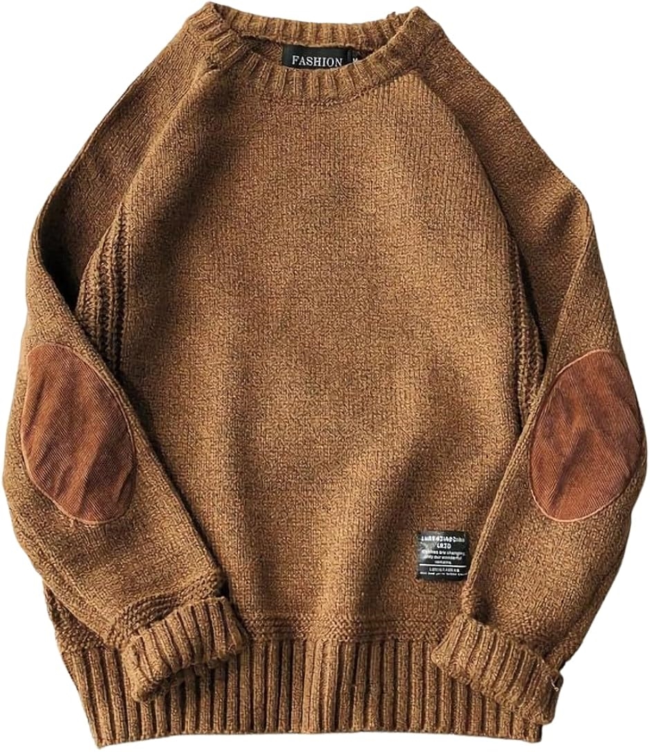 エルボーパッチ ニット 丸首 セーター 長袖 トップス メンズ