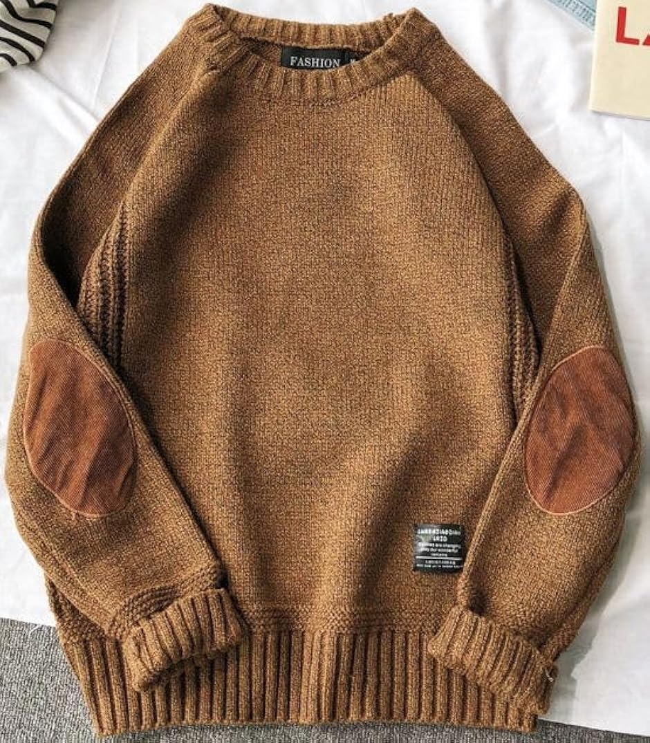 エルボーパッチ ニット 丸首 セーター 長袖 トップス メンズ