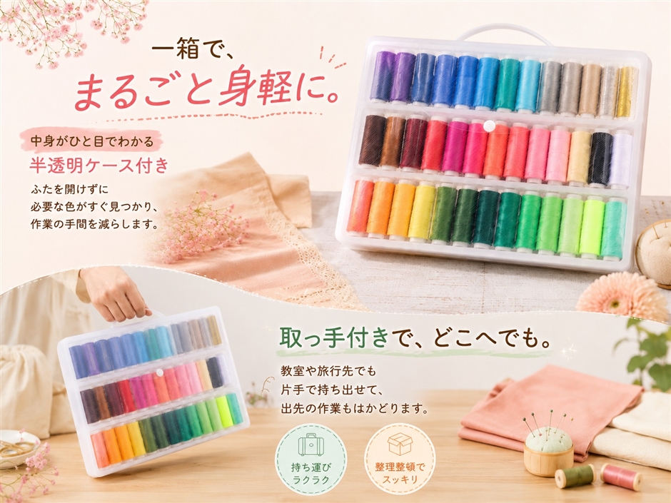 手縫い系 ミシン糸 手提げ 収納 ケース付 半透明ボックス 持ち運び 39