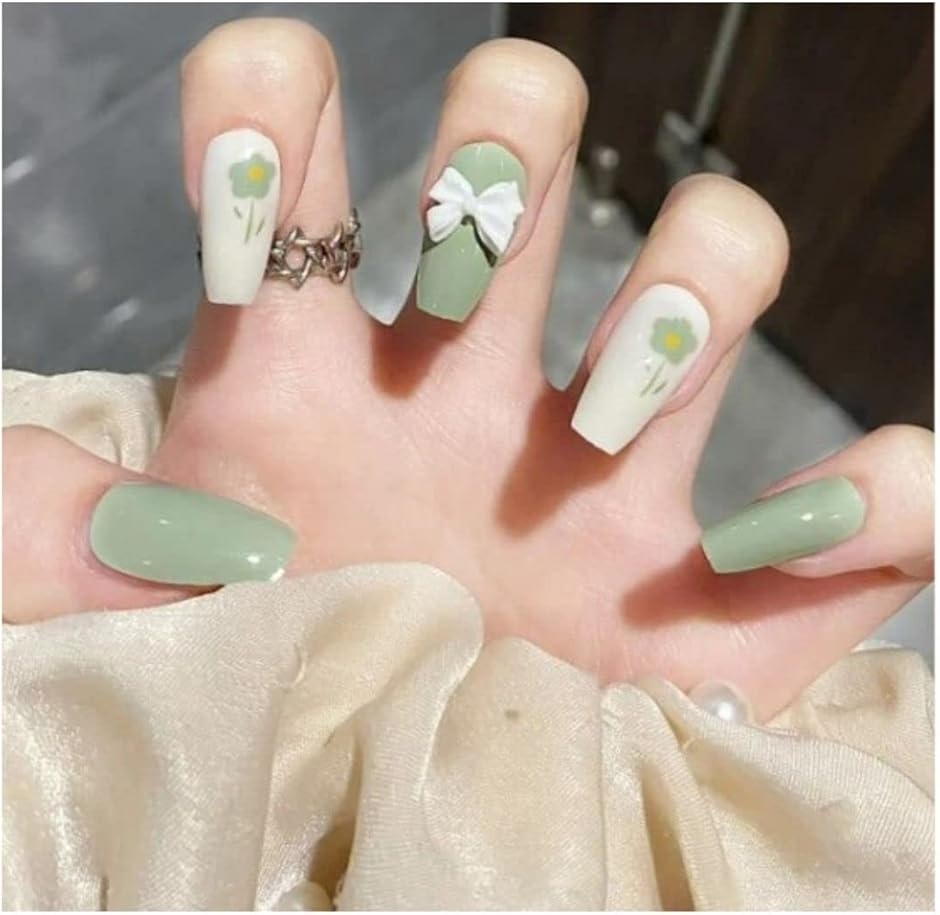 ネイルチップ 緑 バレリーナ 3d グリーン シール 韓国 付け爪 シンプル