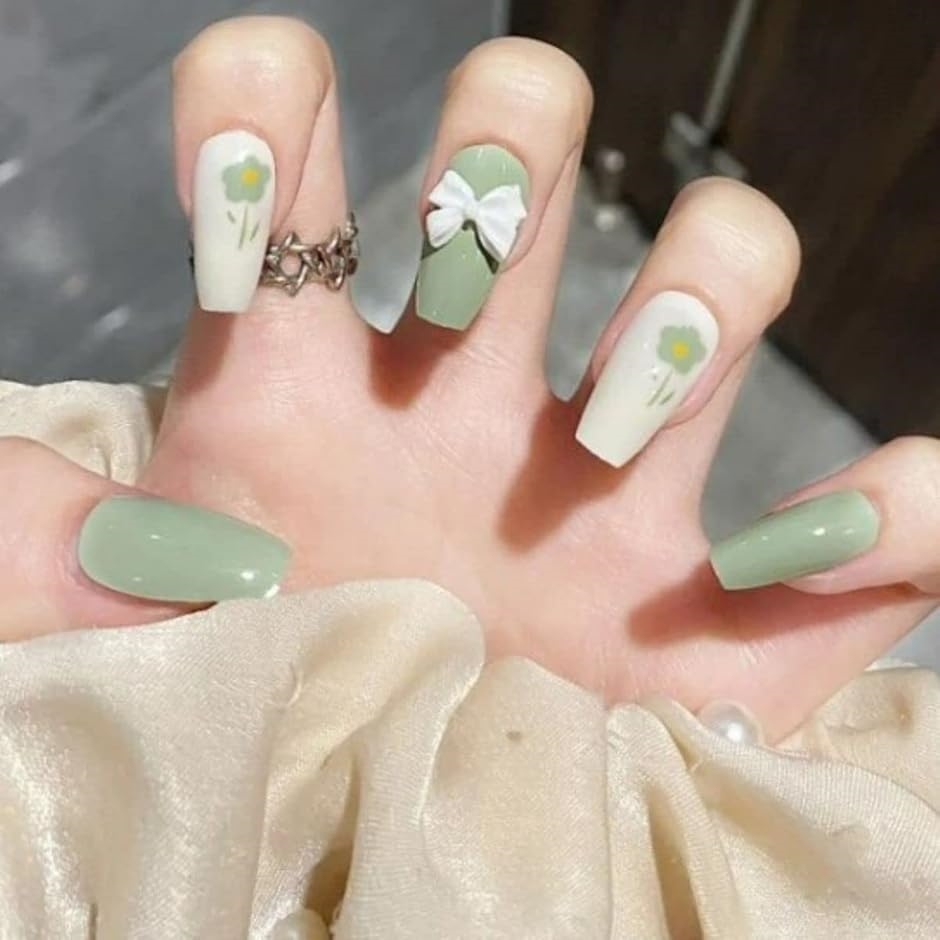 ネイルチップ 緑 バレリーナ 3d グリーン シール 韓国 付け爪 シンプル