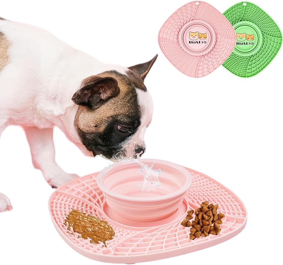 早食い防止 スローフィーダー 犬 猫 食器 折り畳める フードボウル 皿 餌入れ 舐めパッド スローフードマット 給水器( pink)