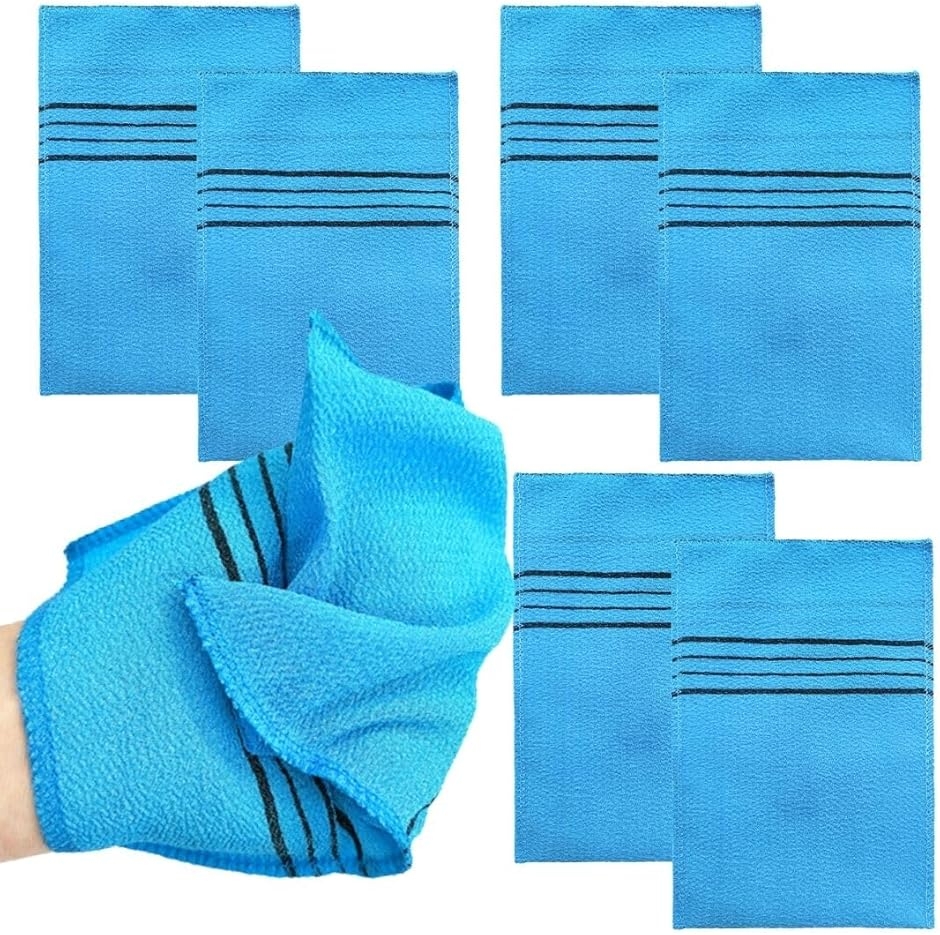 あかすり 垢擦り ミトン タオル グローブ 手袋 角質取り 風呂 6枚セット (ブルー,  14cmx18.5cm)