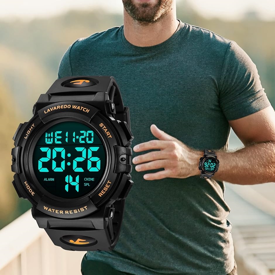 腕時計 メンズ デジタル 50メートル防水 日付 曜日 アラーム LED表示 多機能付き 防水腕時計 MDM( 13-ブラック-ゴールド)