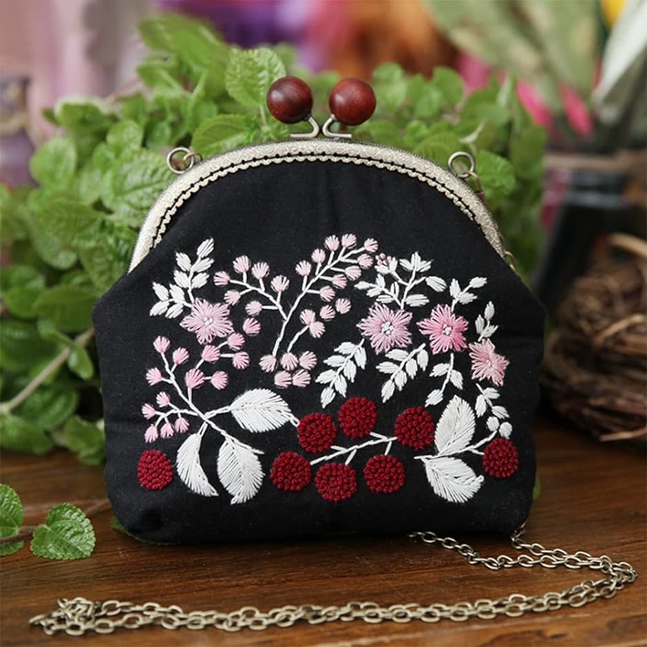 刺繍 小銭入れ 手作り キット 花柄 バッグ作成キット がま口 コインケース 刺繍セット クラッチバッグステッチ MDM( ブラック)｜horikku｜05