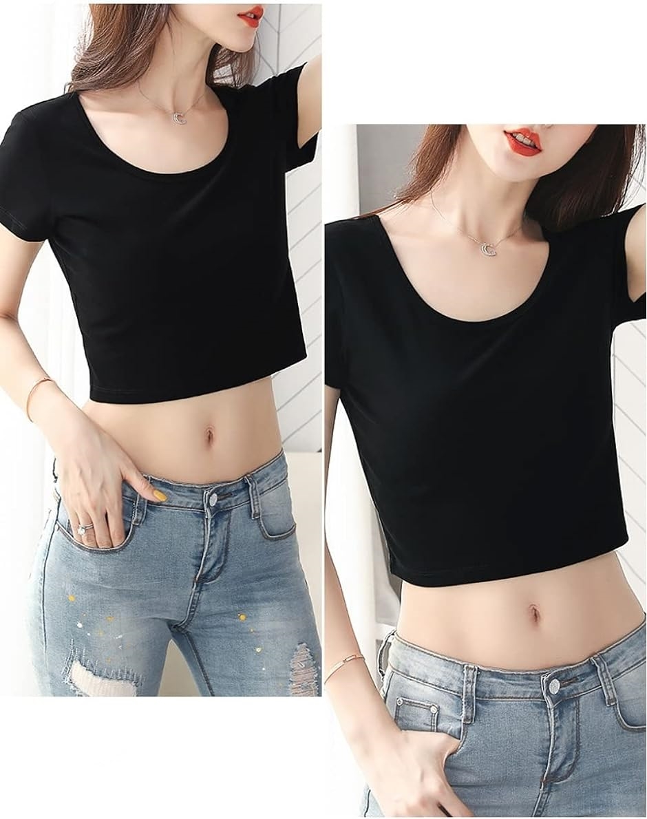 ENFÖLD ショート丈Tシャツ　美品　黒 クロップド ショート丈 Tシャツ 半袖 Uネック 無地 ストレッチ