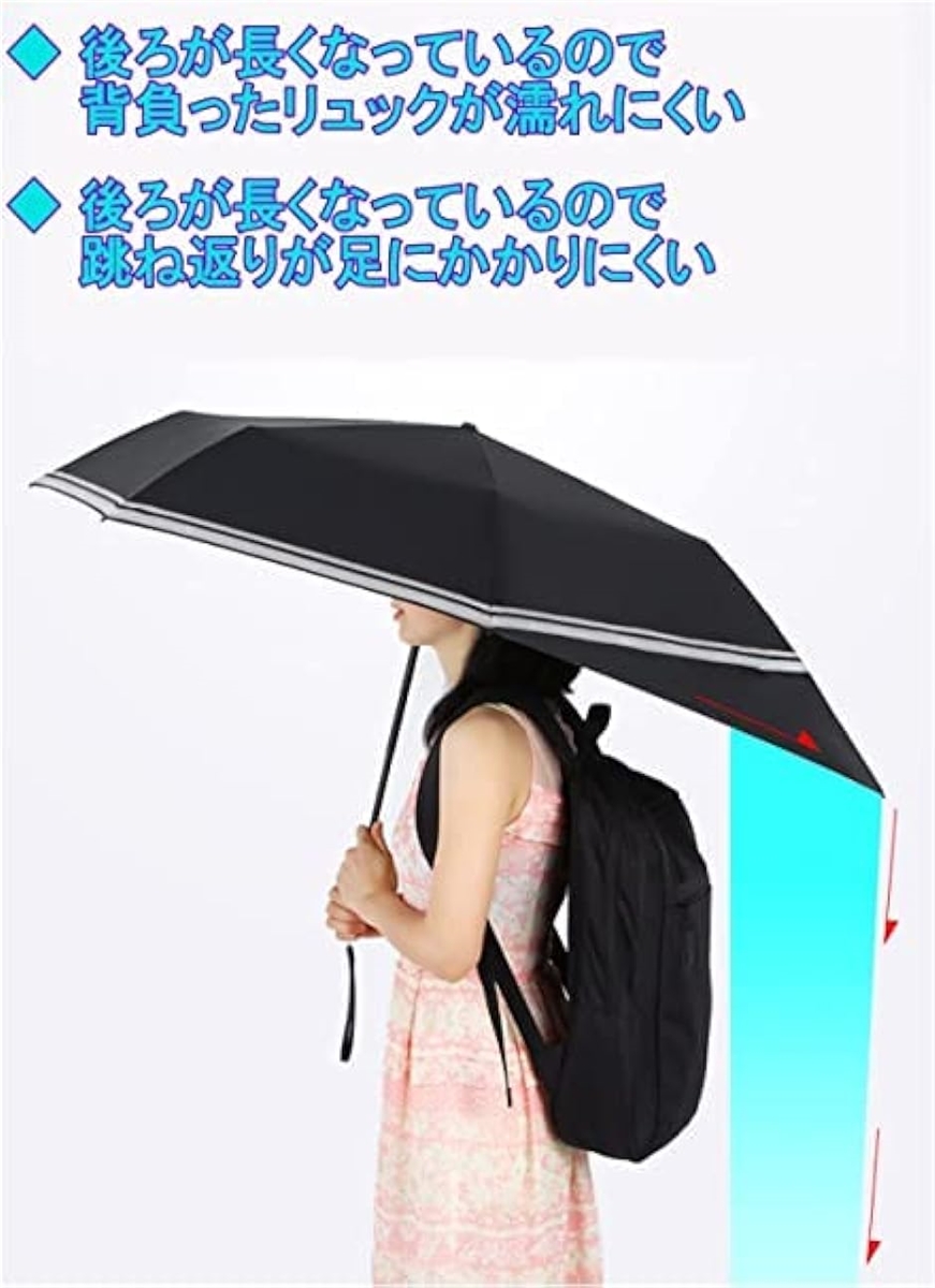 折り畳み傘 後ろが長い リュックが濡れない 夜光反射材 軽量 晴雨兼用 撥水 日傘 耐風 7本骨( ブルー)｜horikku｜02