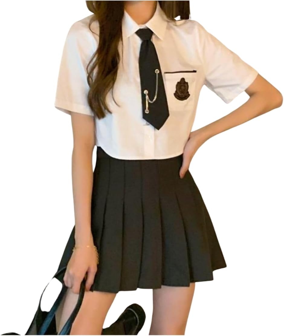 女子高生 制服 大きいサイズ コスプレ 無地 黒 JK制服 半袖 プリーツスカート ネクタイ 3点セット 風船２個セット (M)
