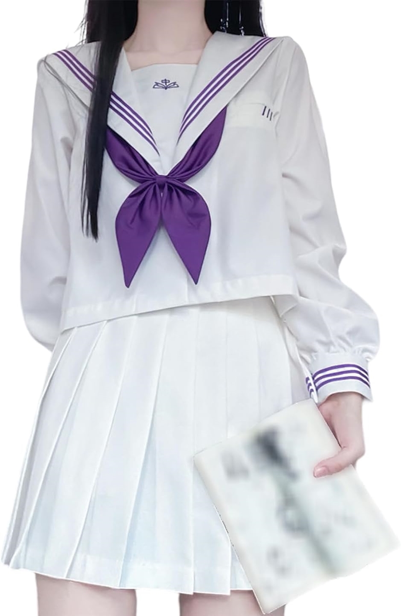 セーラー服 コスプレ 長袖 トップス プリーツスカート スカーフ 3点セット 女子高生 JK 制服 衣装( ホワイト,  XL)