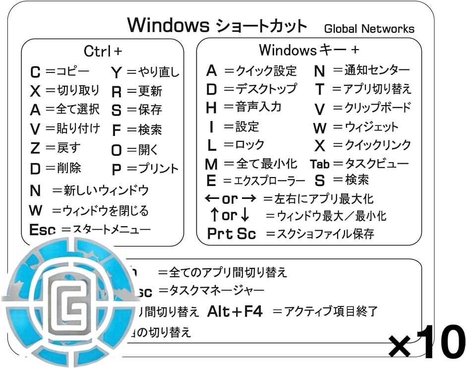 国内送料無料 Windows キーボード用ショートカットステッカー 日本語( 10枚) ステッカー