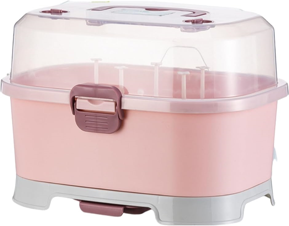 哺乳瓶ラック 収納ボックス 乾燥ラック ほこり防止 衛生的 カバー付き 持ち運び便利 大容量( ピンク)｜horikku