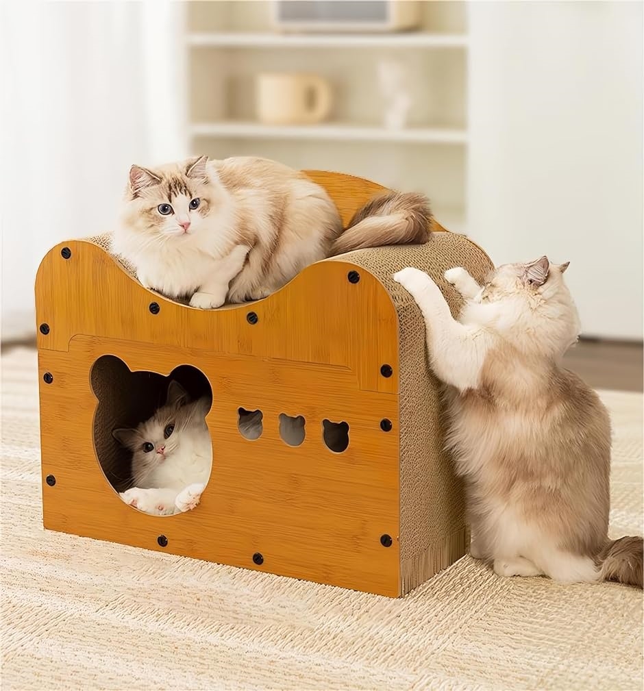 猫用爪とぎ クマ型 キャットハウス キャットタワー ダンボールハウス 爪とぎ兼ベッド 猫箱 二階 組み立て式 高密度段ボール( 茶色)｜horikku