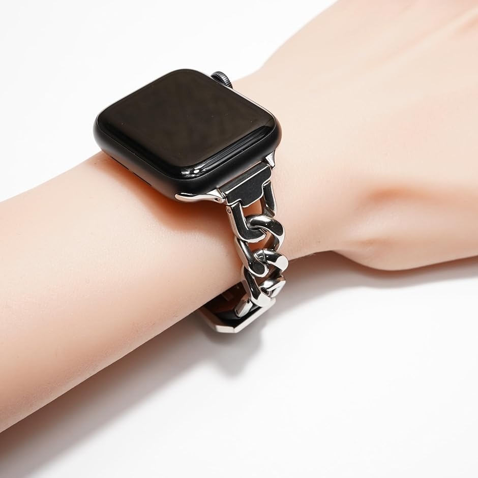 Apple watch チェーン ＆ レザー ベルト おしゃれ 時計(シルバー