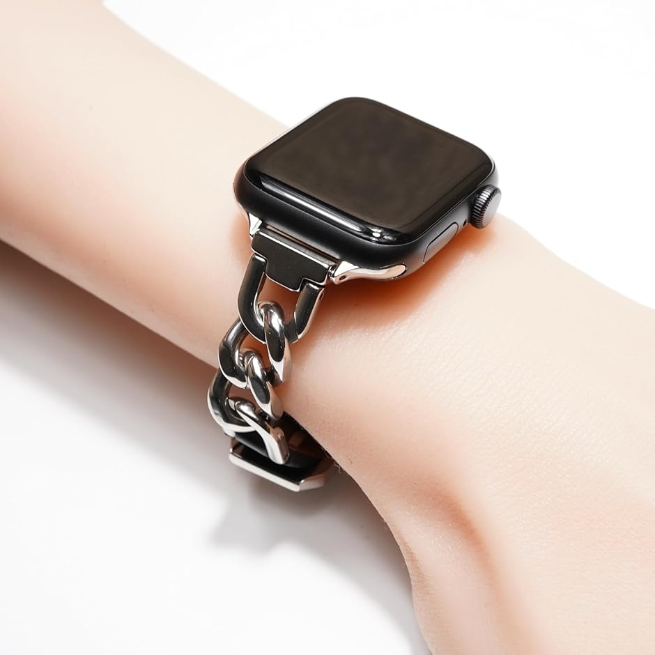 Apple watch チェーン ＆ レザー ベルト おしゃれ 時計(シルバー