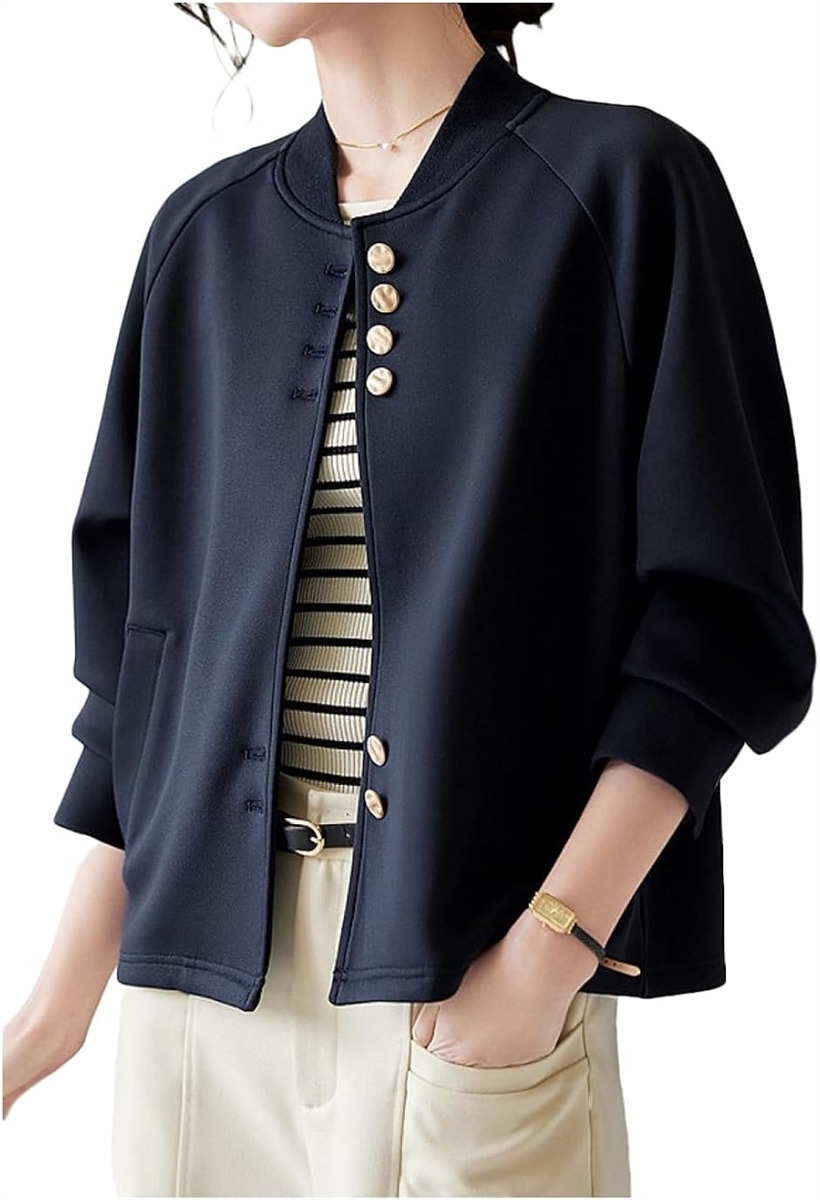 アウター レディース ノーカラー ブルゾン 上着 フードなし( ネイビー