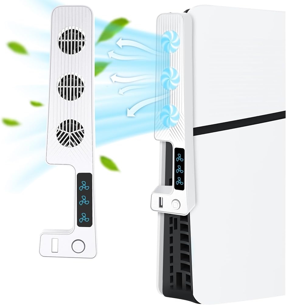 PS5 Slim用冷却ファン Playxstation Slim対応アクセサリー 3段階風速調整可能 多機能型 低ノイズ( ホワイト)