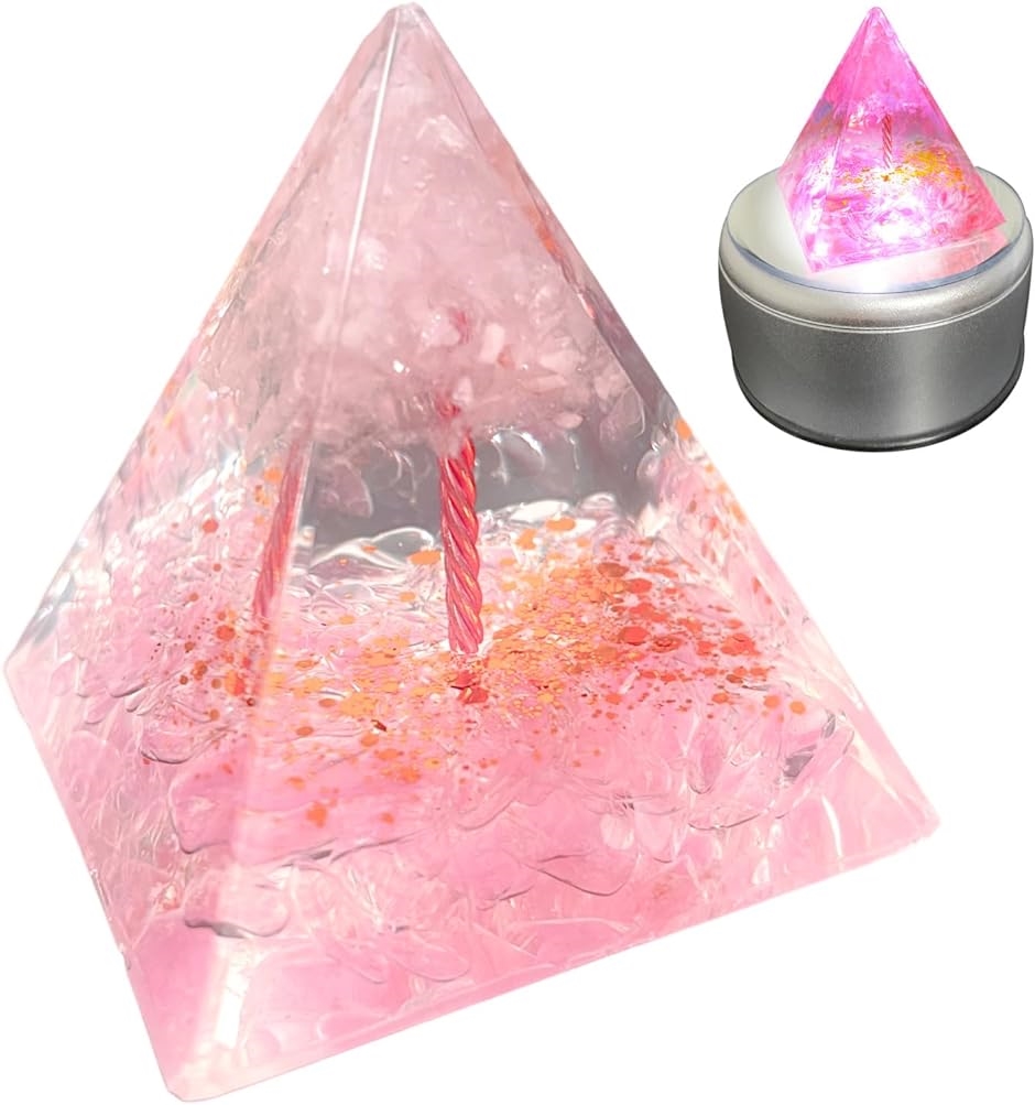 オルゴナイト パワーストーン 天然石 ピラミッド LED回転台付き 癒しグッズ 水晶 愛 生命力( ローズクォーツ 愛 生命力 癒し)｜horikku
