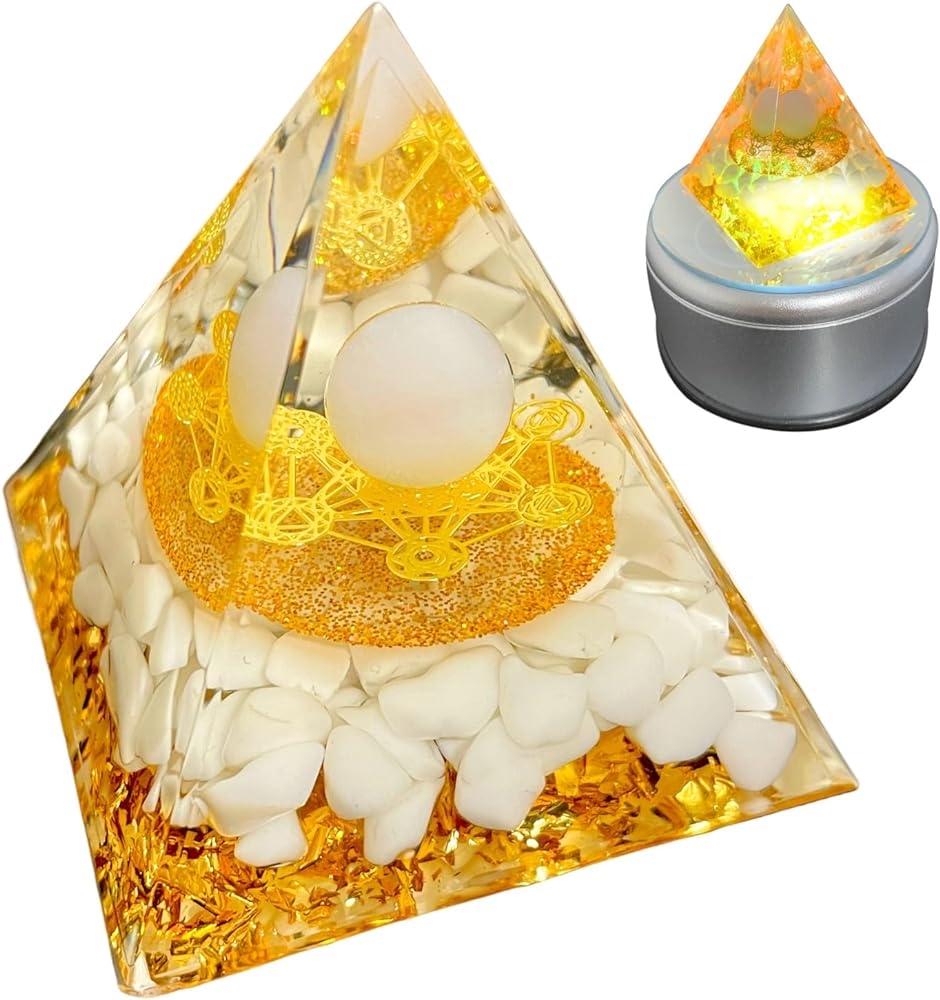 オルゴナイト パワーストーン 天然石 ピラミッド LED回転台付き 癒しグッズ 水晶 ゼオライト 浄化 保護( ゼオライト 浄化 保護)｜horikku