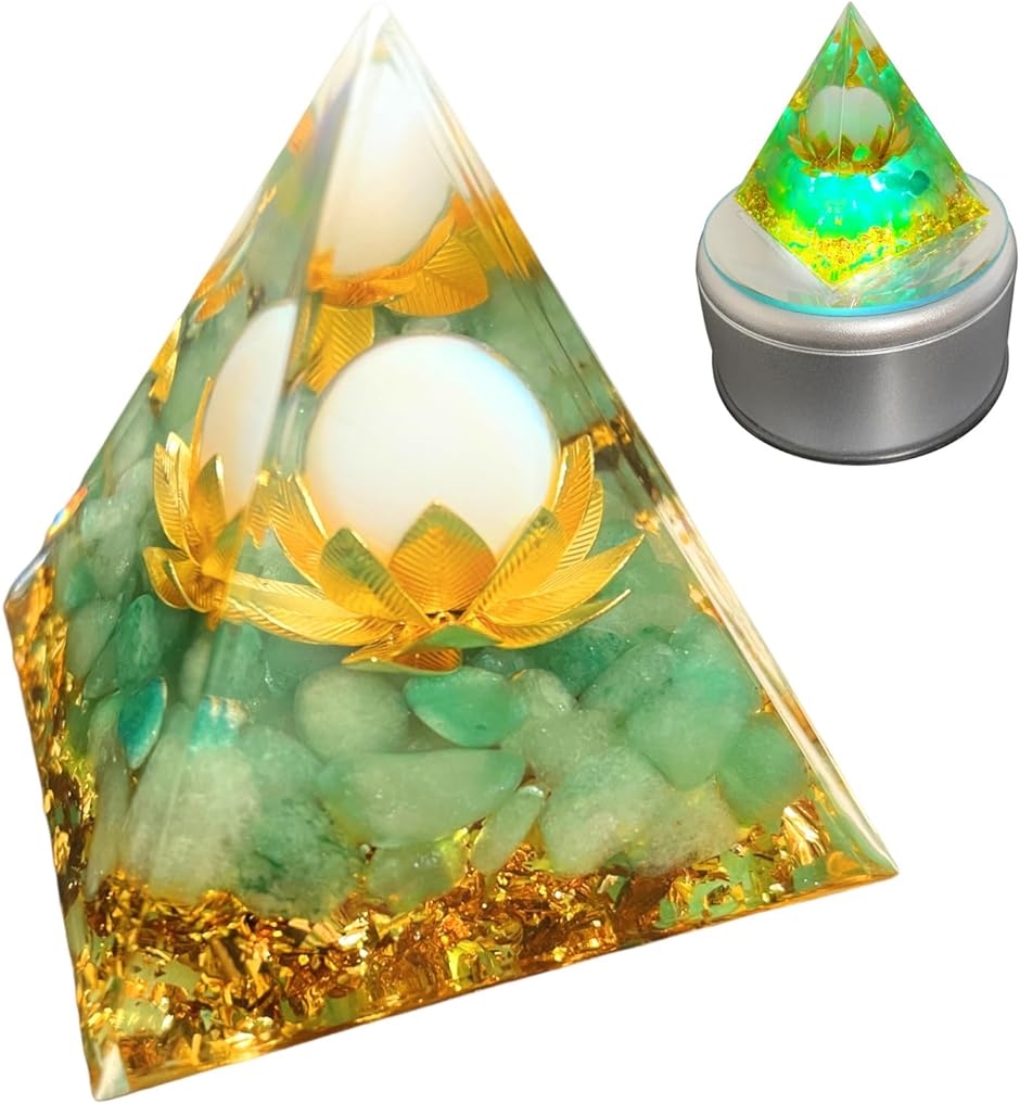 オルゴナイト パワーストーン 天然石 ピラミッド LED回転台付き 癒しグッズ 水晶 白翡翠 希望( 白翡翠 癒し 希望)｜horikku
