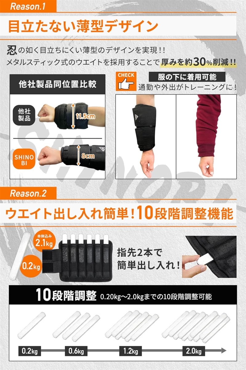 シノビウェイト 10段階調整可能 アンクルウェイト リストウェイト 0.3〜2.1kg 片腕 両腕( Wrist,  free)｜horikku｜03