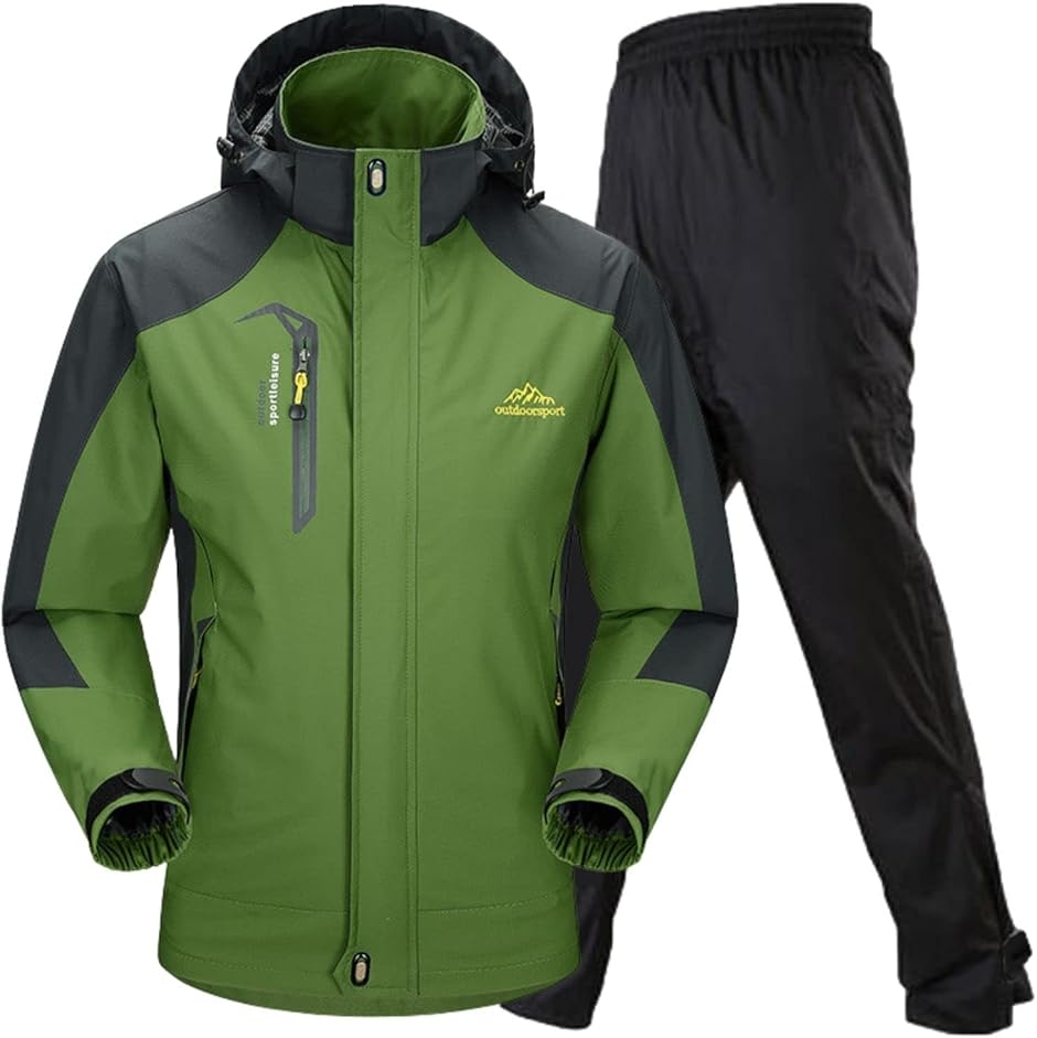アウトドア ジャケット レインスーツ 上下セット 登山服 雨具 カッパ レインコート (4.グリーン (防水レインパンツ),  2XL)