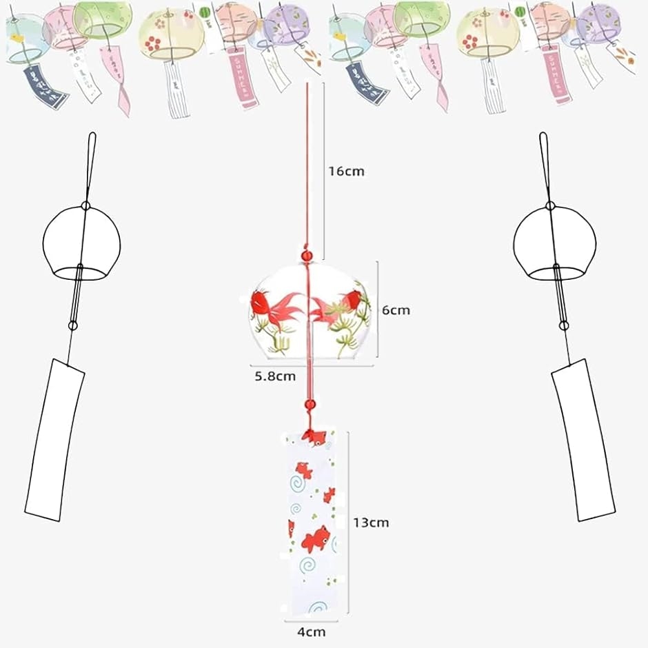 風鈴 ウィンドチャイム ガラス 江戸風鈴 短冊( 透明,  四個金魚)｜horikku｜02