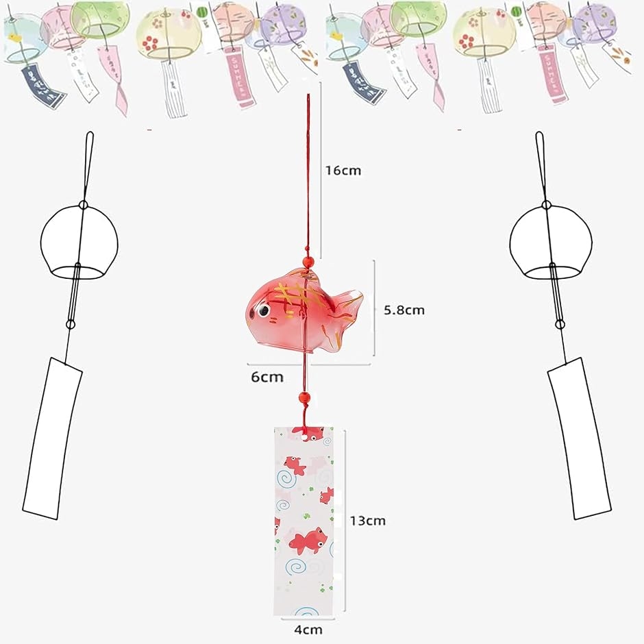 風鈴 ウィンドチャイム ガラス 江戸風鈴 短冊( 透明,  赤金魚型)｜horikku｜02