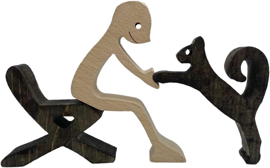 木製彫刻 インテリア オブジェ 木彫り 置物 オーナメント ナチュラル ウッドパーツ シンプル 北欧 雑貨( 人と猫)｜horikku