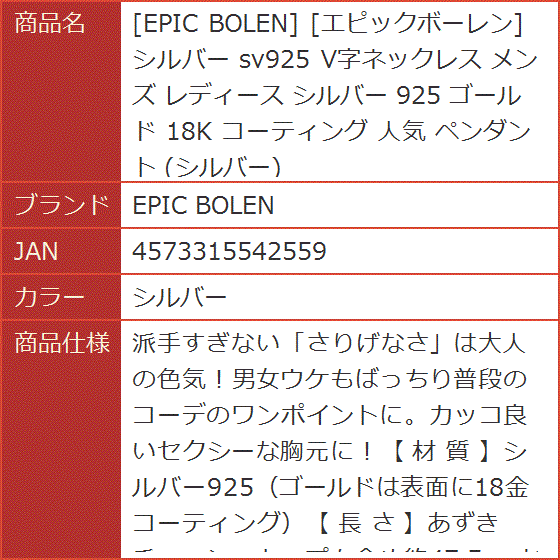 エピックボーレン sv925 V字ネックレス メンズ レディース 18K コーティング 人気 ペンダント( シルバー)｜horikku｜10