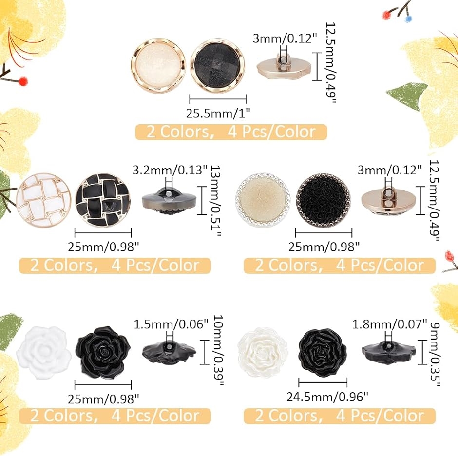 40個 5種類 飾りボタン 花柄 メタルボタン 樹脂製 バラ カボション