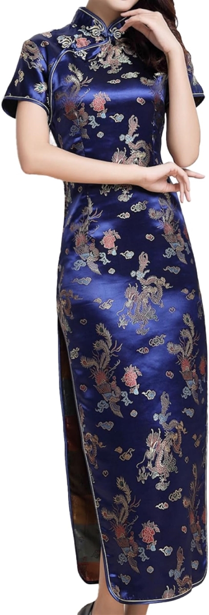 大きいサイズ チャイナドレス コスプレ ロング 女装 スリット 半袖 衣装 男性 チャイナ服 メンズ 青( ブルー,  S)