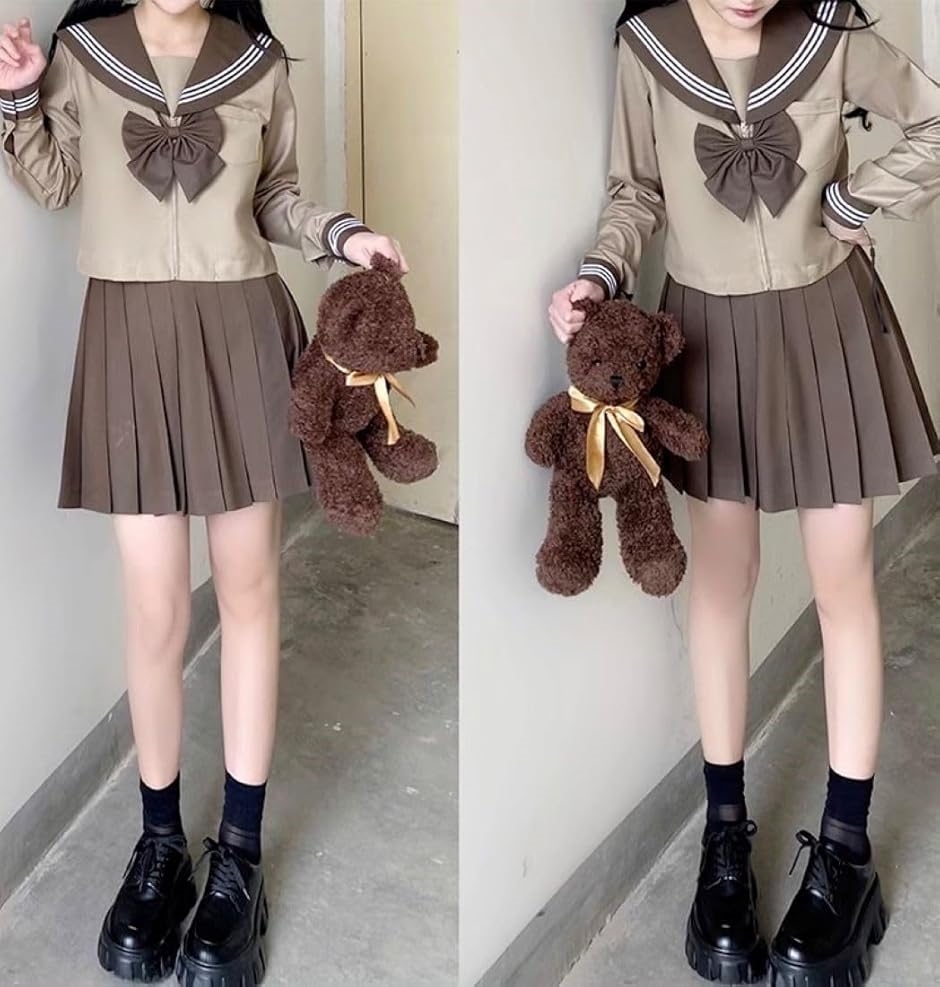 3点セット セーラー服 長袖 ブラウン 学生服 前開き プリーツスカート