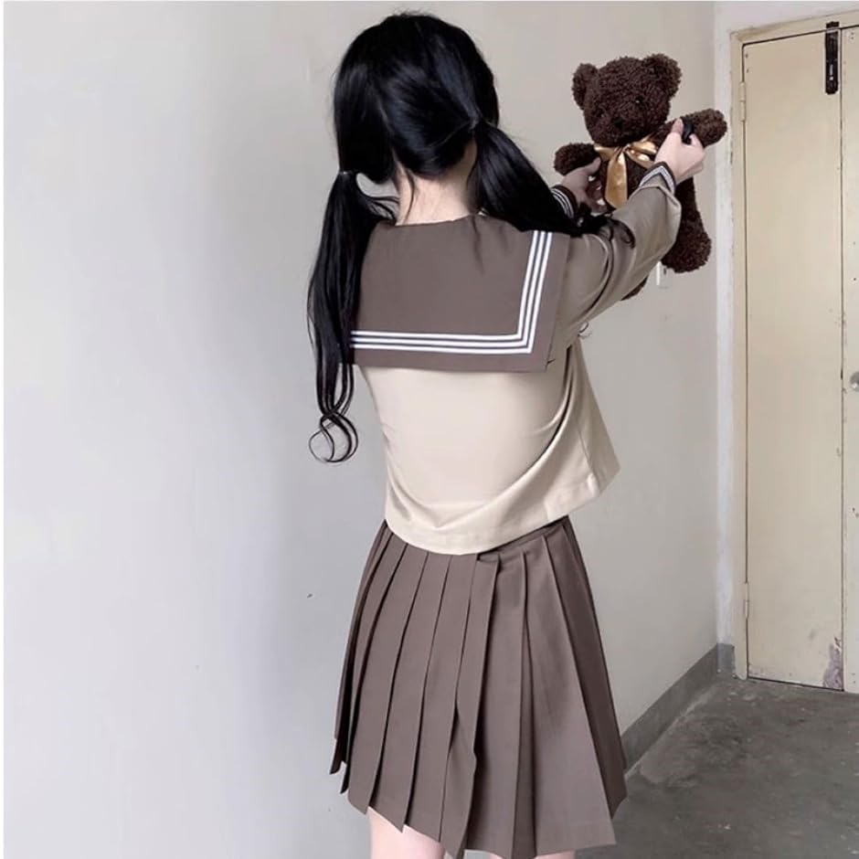 3点セット セーラー服 長袖 ブラウン 学生服 前開き プリーツスカート( ブラウン　コーヒー　ミルクティー　茶色　モカ,  Sサイズ)｜horikku｜03