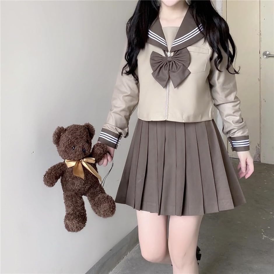 3点セット セーラー服 長袖 ブラウン 学生服 前開き プリーツスカート( ブラウン　コーヒー　ミルクティー　茶色　モカ,  Sサイズ)｜horikku｜05