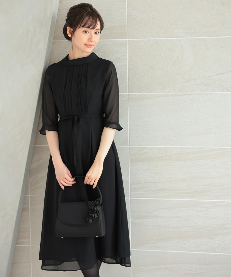 【美品】ブラック フォーマルドレス 160cm ブラックフォーマル レディース ワンピース ドレス 五分袖 喪服