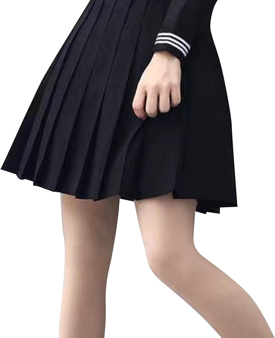 42cm プリーツスカート ひざ丈 ミニ 黒 小学生 スクール コスプレ 無地( ブラック, L)