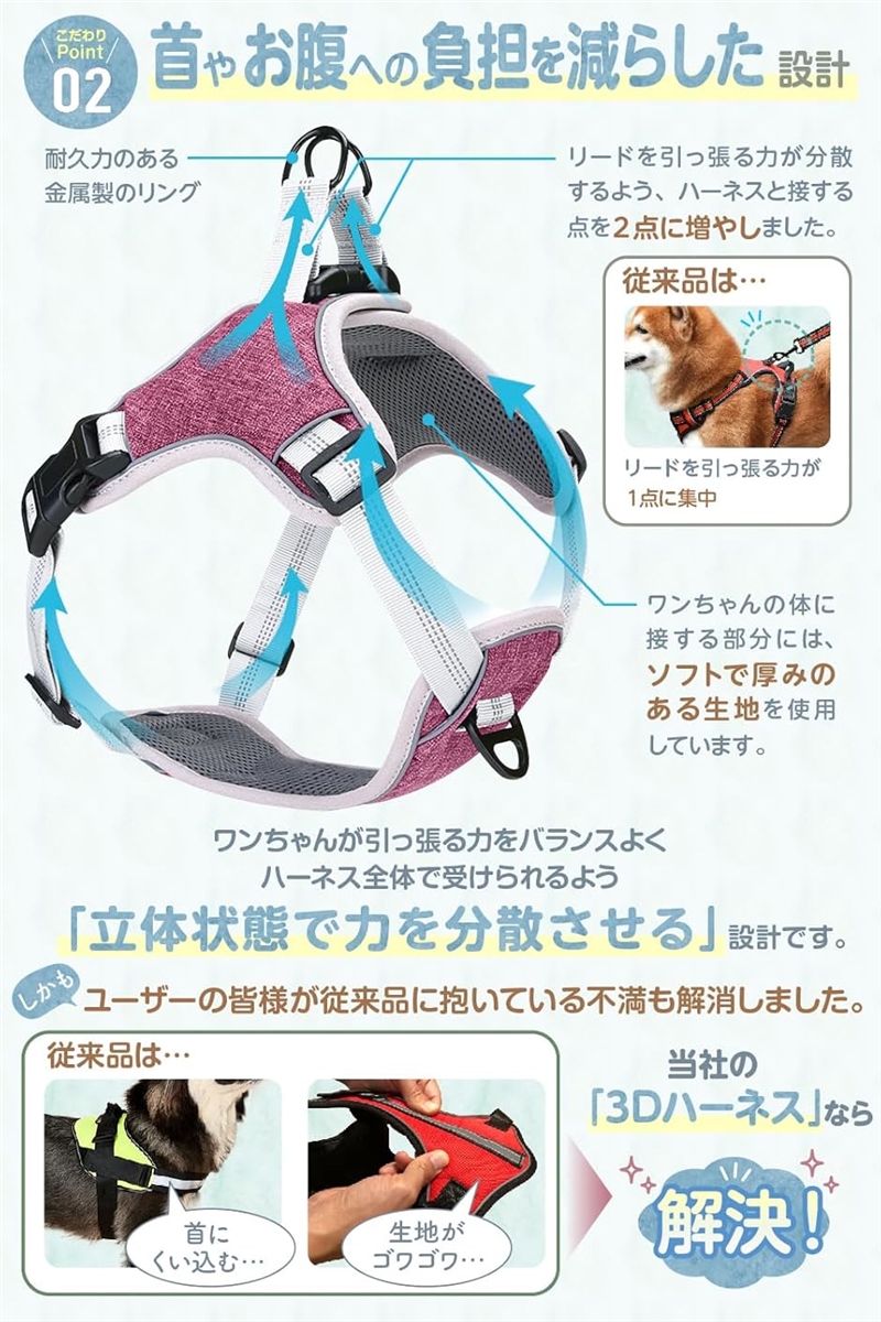 獣医師推薦犬 ハーネス 2ステップで簡単装着・首やお腹への負担軽減 夜間反射材 サイズ調節可能 小型犬 中型犬 MDM(くすみピンク,  XS) | ブランド登録なし | 03