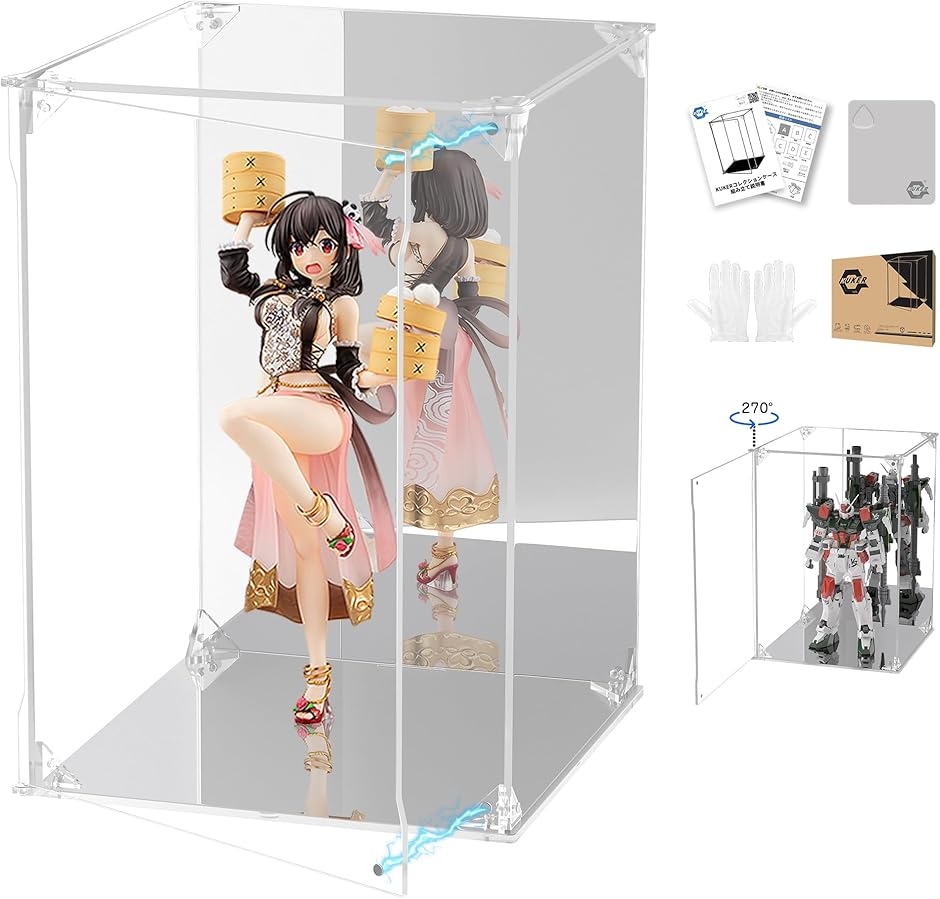 フィギュアケース UVカット アクリルケース マグネット付き 前扉 ショーケース (台座+背面ミラー,  幅20x奥行20x高さ30cm)