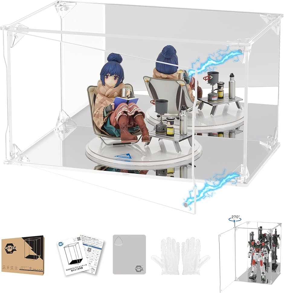 フィギュアケース UVカット アクリルケース マグネット付き 前扉 ショーケース (台座+背面ミラー,  幅25x奥行15x高さ15cm)