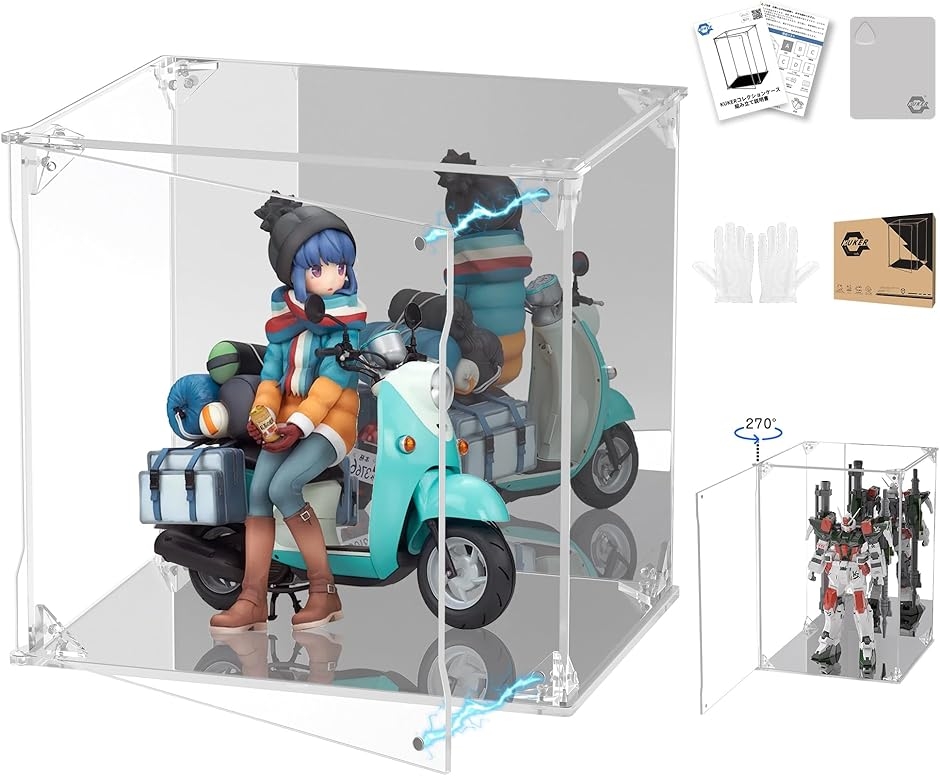 フィギュアケース UVカット アクリルケース マグネット付き 前扉 ショーケース (台座+背面ミラー,  幅20x奥行15x高さ20cm)