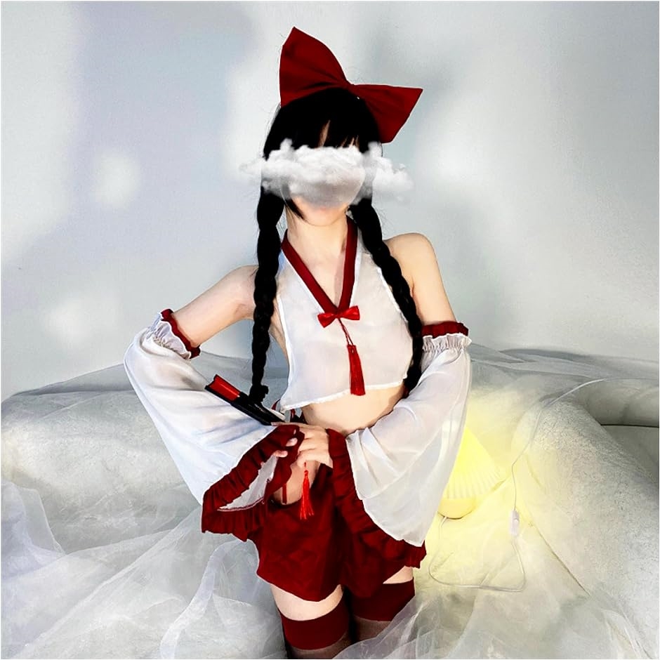 巫女 コスプレ 和装 着物 和服 正月 仮装 衣装 赤 クリーム コスチューム 巫女服 6点セット( ホワイト)｜horikku｜04
