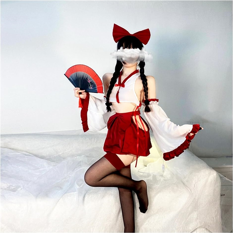 巫女 コスプレ 和装 着物 和服 正月 仮装 衣装 赤 クリーム コスチューム 巫女服 6点セット( ホワイト)｜horikku｜08